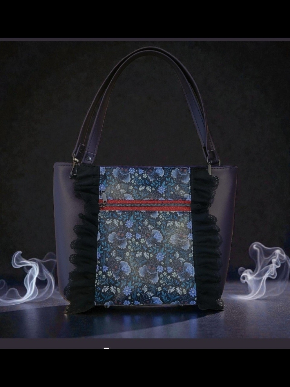 Floral & Moth Man Accent Black Tote Bag with Red Zip